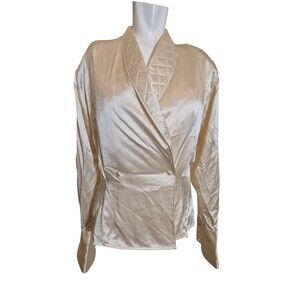 Eileen Fisher VTG 90s Silk Blouse Satin Wrap French Cuff Blouse Ivory Sz 6/8